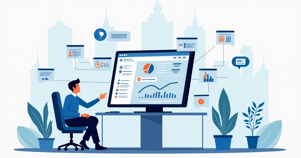Ilustração corporativa plana de gestor público automatizando processos no gabinete com gráficos, calendários e comunicações digitais