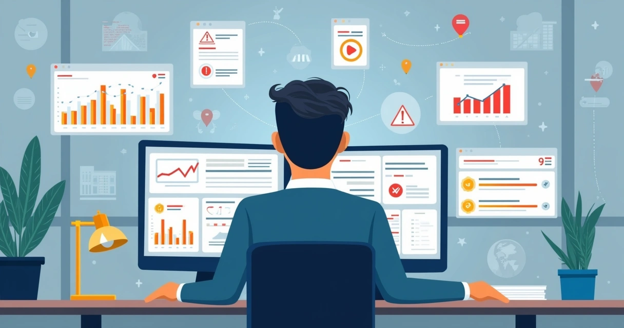 Ilustração corporativa mostrando gestor público confundido diante de múltiplas telas digitais com alertas de erro e aviso