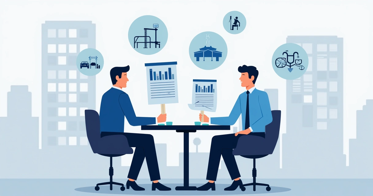 Ilustração flat corporativa mostrando gestores públicos e privados discutindo concessões no setor público, com gráficos, documentos, e ícones de infraestrutura ao redor