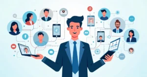Ilustração corporativa flat de político utilizando múltiplos canais de comunicação digitais conectados ao redor