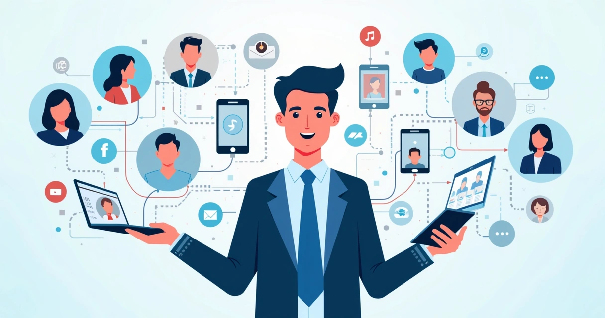 Ilustração corporativa flat de político utilizando múltiplos canais de comunicação digitais conectados ao redor