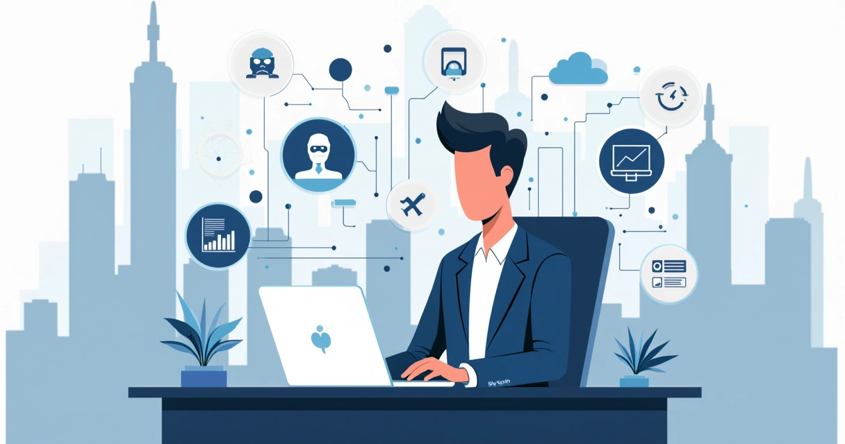 Ilustração corporativa de prefeita digitando em laptop com ícones de IA e tecnologia ao redor