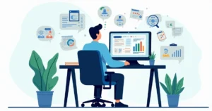 Ilustração corporativa de gestor público usando plataforma digital em tela com gráficos e comunicação direta com cidadãos