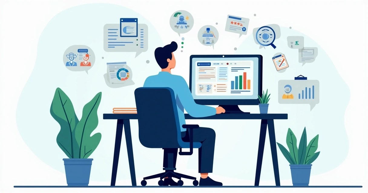 Ilustração corporativa de gestor público usando plataforma digital em tela com gráficos e comunicação direta com cidadãos