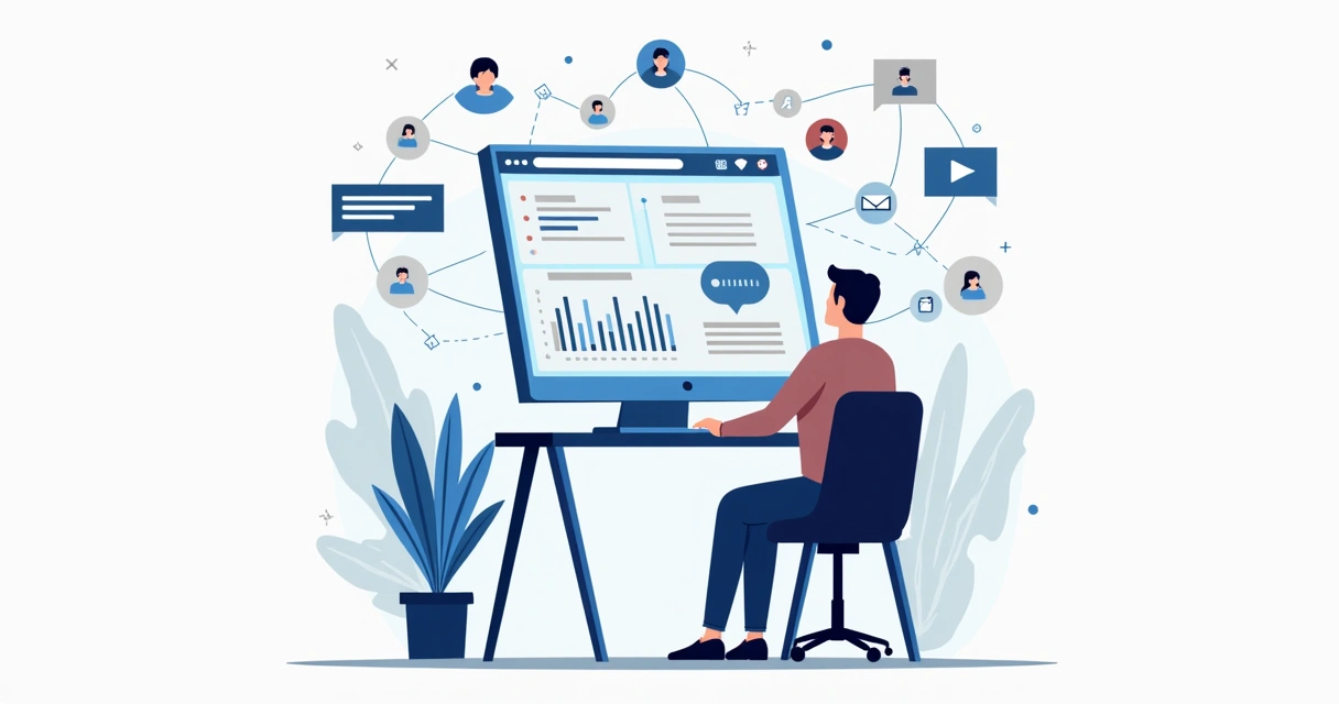 Ilustração corporativa de gestor público utilizando plataforma digital para comunicação com cidadãos