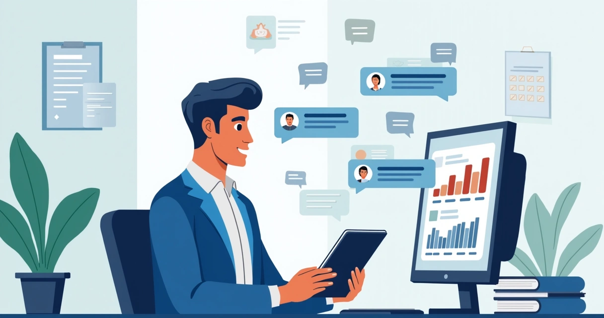 Gestor público atendendo demandas dos cidadãos com tecnologia, em ambiente de gabinete organizado e moderno