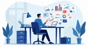 Ilustração corporativa plana de gestor público analisando gráficos digitais com dados e planejamento estratégico no escritório