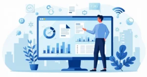 Ilustração corporativa de gestor público apresentando relatórios de prestação de contas em tela digital