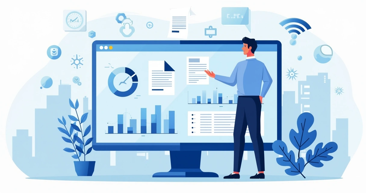 Ilustração corporativa de gestor público apresentando relatórios de prestação de contas em tela digital