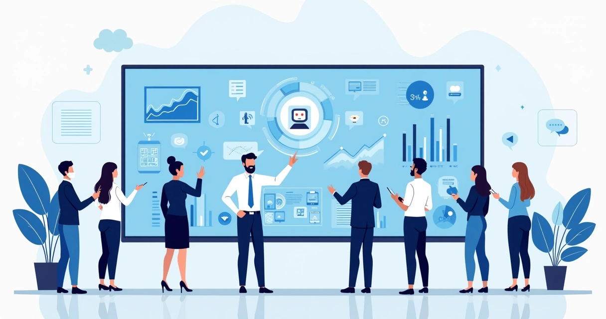 Ilustração com gestores públicos usando inteligência artificial em painel digital com gráficos e ícones de tecnologia