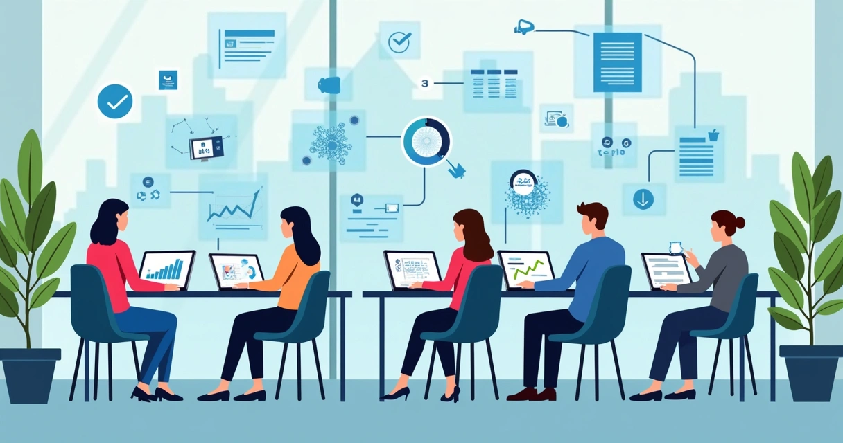 Ilustração corporativa colorida de agentes públicos usando inteligência artificial com gráficos digitais e ícones de dados ao redor