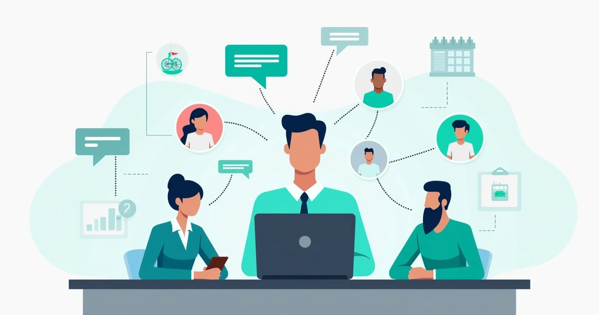 Ilustração corporativa plana de gestor público interagindo com cidadãos por meio de plataforma digital