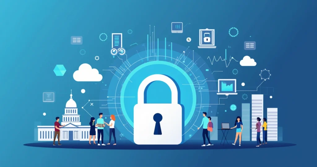Ilustração corporativa do cadeado digital protegendo dados em servidores públicos e ícones de comunicação segura