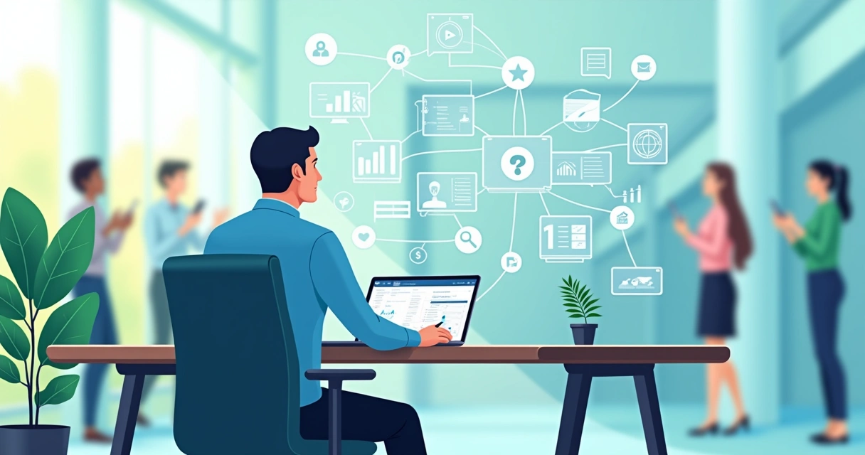 Ilustração flat corporativa de gestor público usando tecnologia ética em ambiente municipal, com elementos digitais e cidadãos conectados