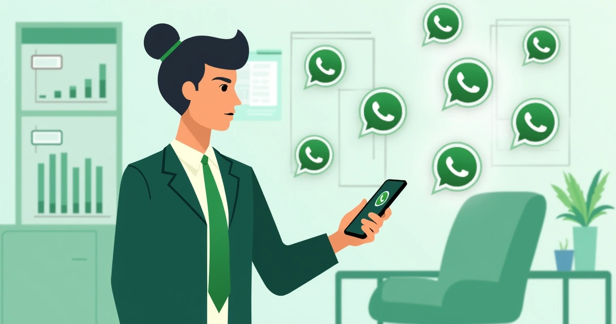 Ilustração corporativa flat mostrando um político usando smartphone com ícones do WhatsApp ao redor