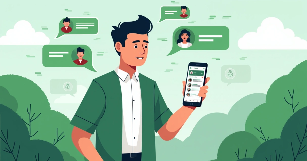 Ilustração corporativa com político usando celular para comunicação via WhatsApp