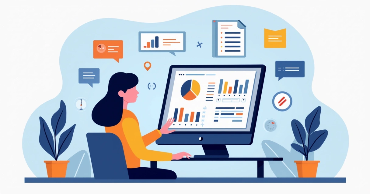 Ilustração corporativa mostrando gestor público usando plataforma digital com gráficos, documentos e comunicação online