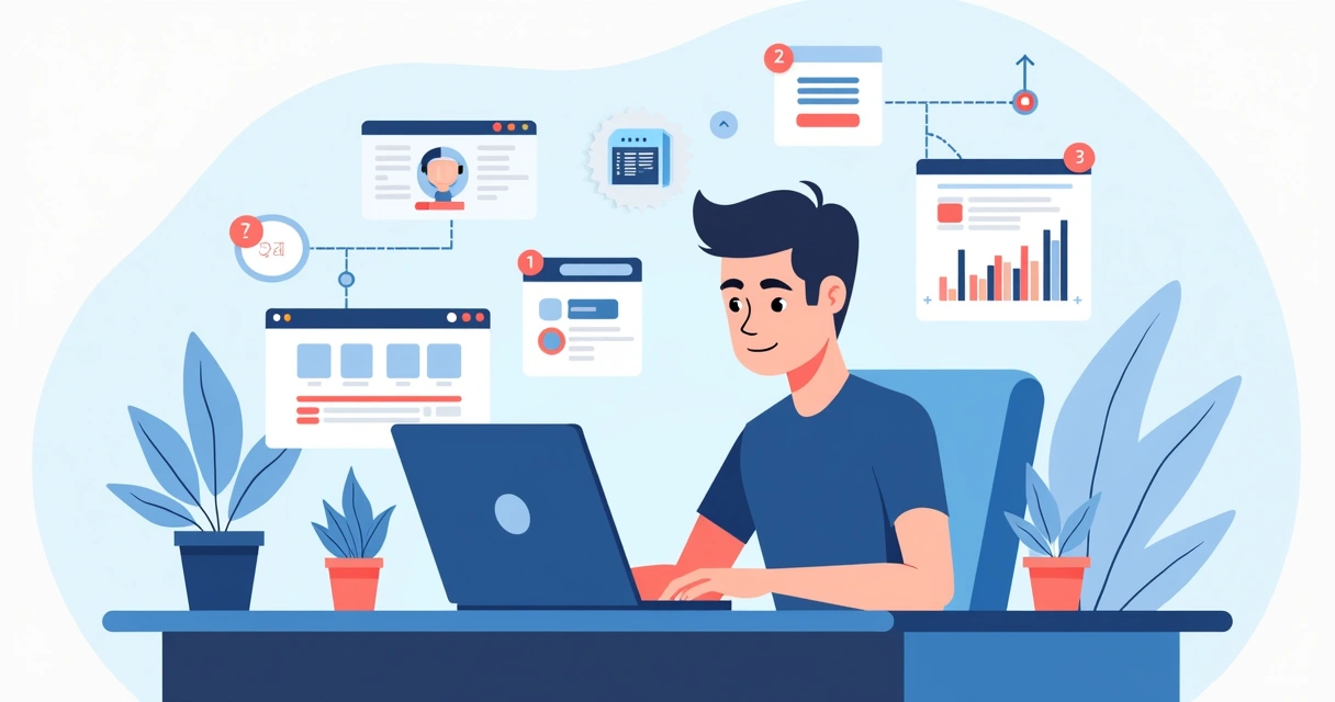 Ilustração corporativa plana de gestor público usando plataforma digital para centralizar mandato e comunicação com cidadão