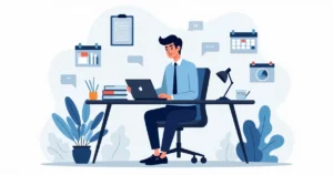 Ilustração corporativa plana de um deputado estadual em uma mesa de trabalho com documentos e tablet, cercado por ícones de comunicação e gestão