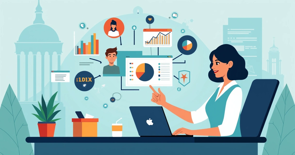 Ilustração corporativa plana mostrando gestor público utilizando plataforma digital para gerenciar comunicação e campanhas políticas