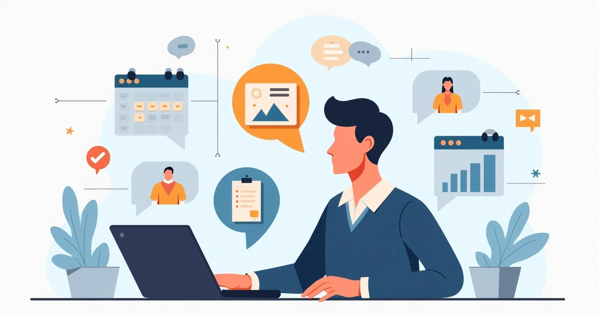 Ilustração corporativa plana de vereador usando software de gestão em laptop, cercado por ícones de projetos, agenda e comunicação direta com cidadãos