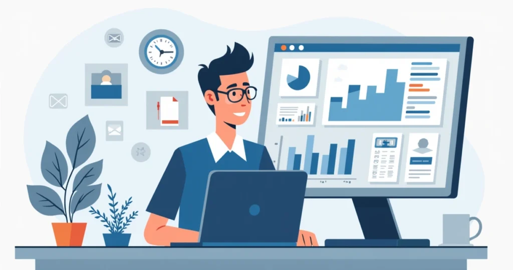 Ilustração corporativa plana de gestor público usando plataforma digital para gabinete online, com gráficos, agenda e comunicação no computador