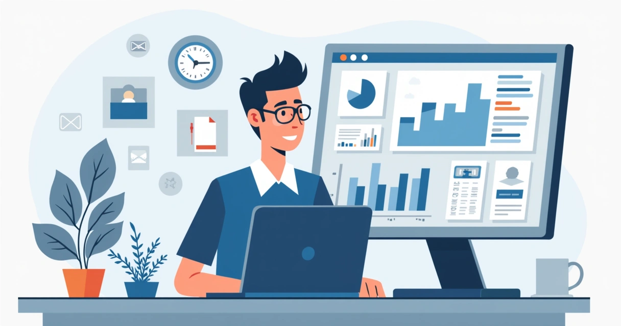 Ilustração corporativa plana de gestor público usando plataforma digital para gabinete online, com gráficos, agenda e comunicação no computador