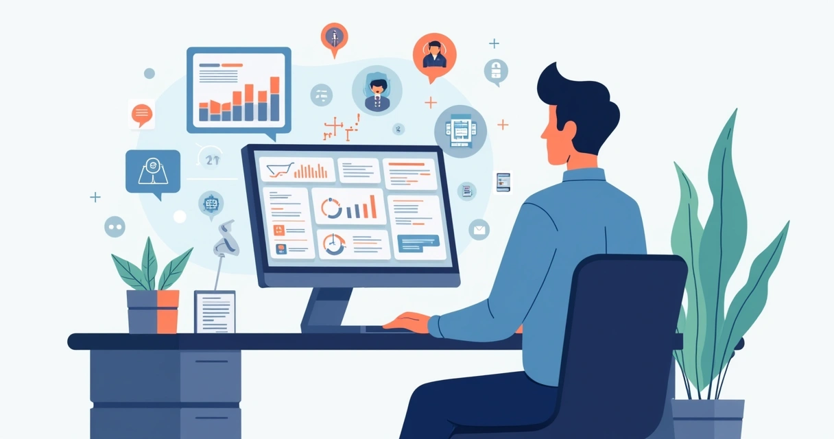 Ilustração corporativa de um gestor público utilizando plataforma digital para gestão de gabinete com gráficos, agenda e comunicação integrada