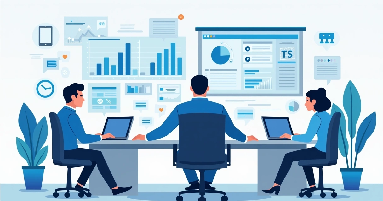 Ilustração flat corporativa de chefe de gabinete no escritório com equipe e tela digital mostrando gráficos e comunicação