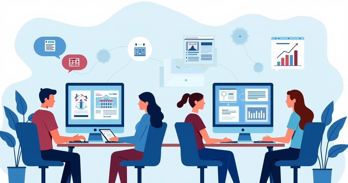 Ilustração corporativa de gestores públicos usando plataforma digital com gráficos, agendas e comunicação direta com cidadãos