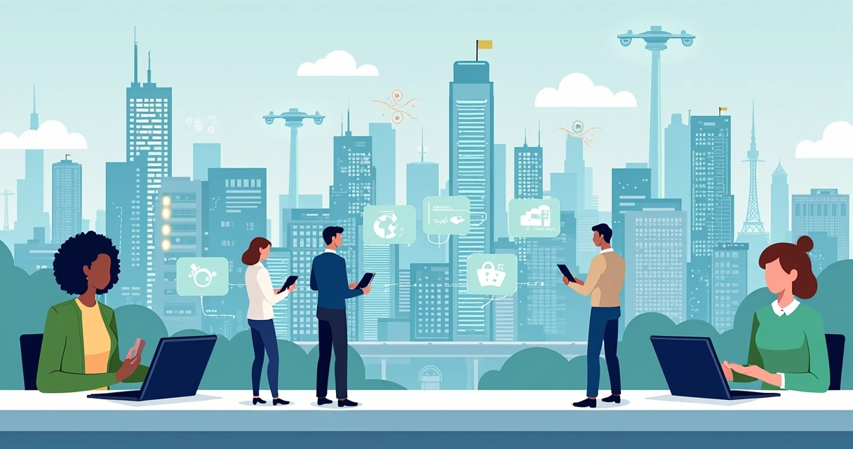 Ilustração corporativa de gestão pública digital integrada em cidade inteligente com tecnologia e conexão cidadã