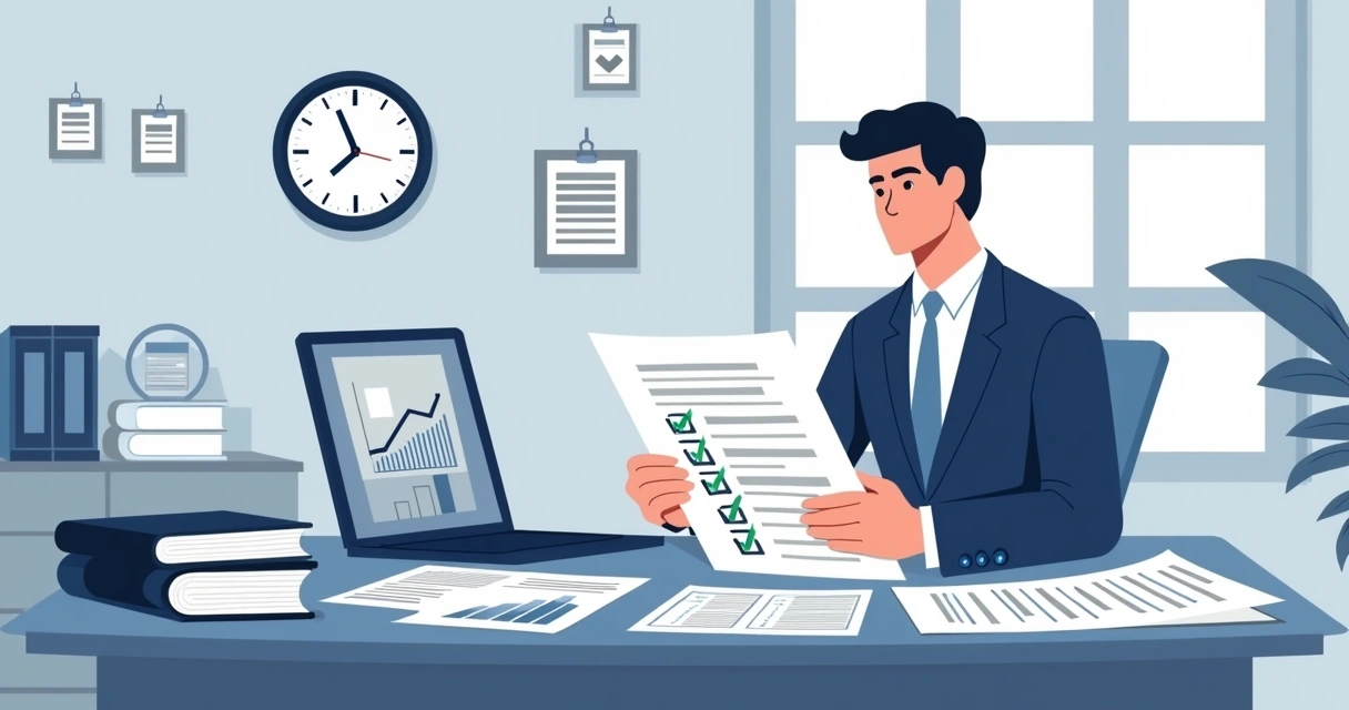 Gestor público analisando documentos financeiros em escritório com gráficos e checklist