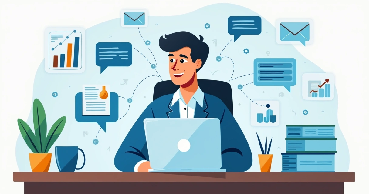 Ilustração corporativa plano mostrando gestor público em moderno escritório usando plataforma CRM para comunicação com cidadãos