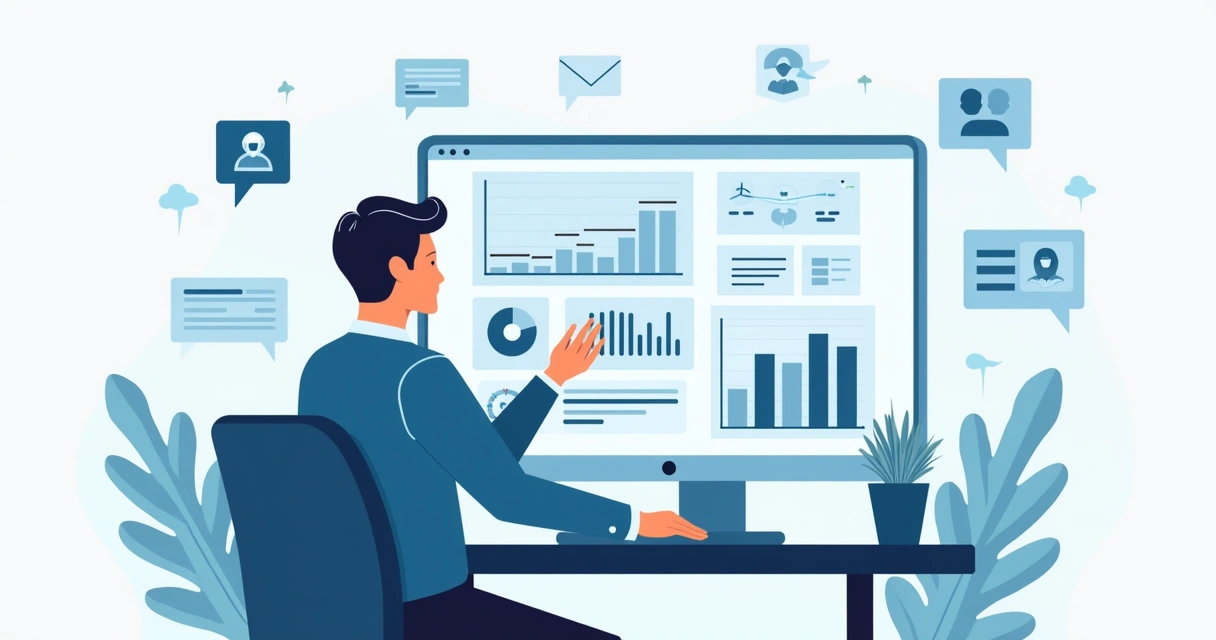 Ilustração de gestor público utilizando plataforma digital com gráficos, agenda e comunicação centralizada