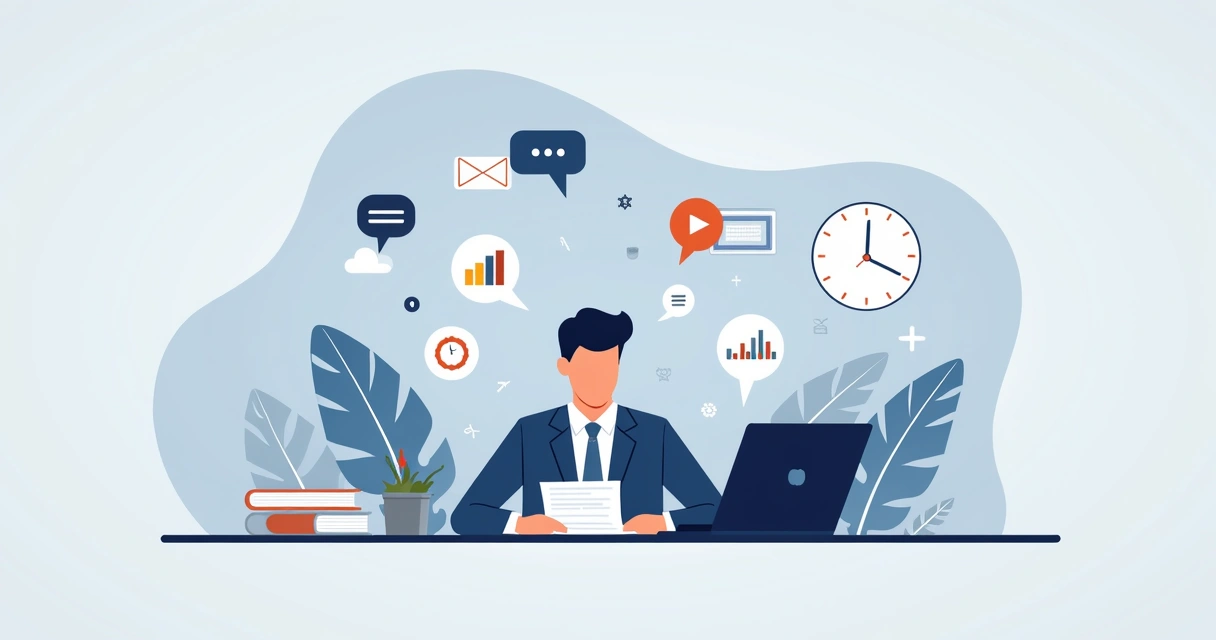 Ilustração corporativa de gestor público analisando documentos sobre legislação eleitoral com ícones de comunicação e gráficos ao fundo