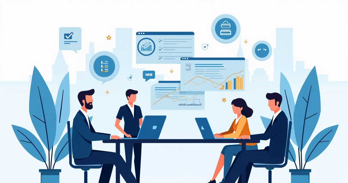 Ilustração corporativa plana mostrando gestores públicos usando plataforma digital para gestão municipal com gráficos e ícones de comunicação