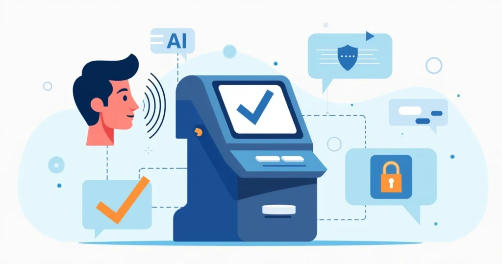 Ilustração corporativa mostrando urna eletrônica, reconhecimento facial e ícones digitais de segurança e comunicação