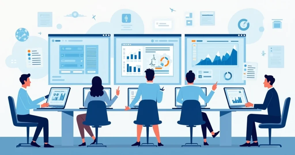 Ilustração corporativa plana de gabinete parlamentar com vereadores usando sistema de gestão digital em computadores e tablets