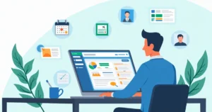 Ilustração corporativa plana de gestor público usando plataforma digital para gestão de gabinete