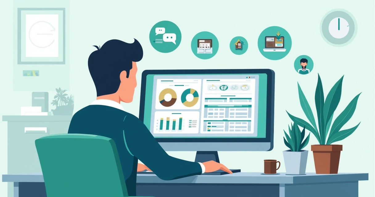 Ilustração corporativa plana mostrando gestor público organizando campanha eleitoral em computador com gráficos e agenda digital na tela