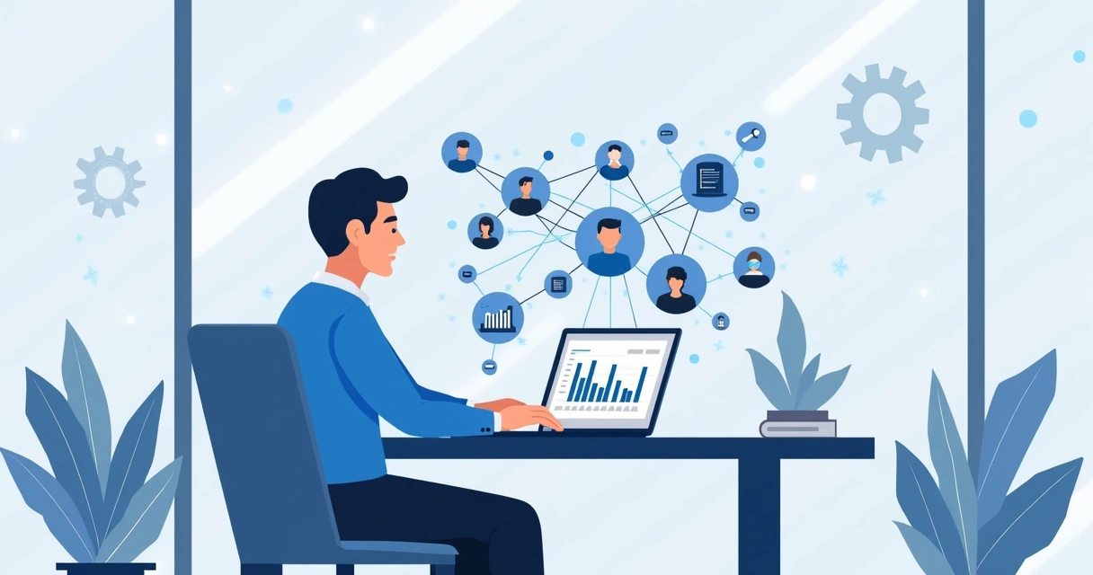 Ilustração corporativa de gestor público usando inteligência artificial para gestão e comunicação digital