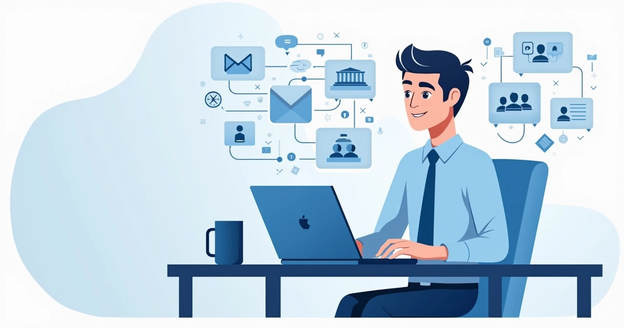 Ilustração corporativa plana mostrando gestor público usando plataforma digital para organizar mandato e comunicação com cidadãos