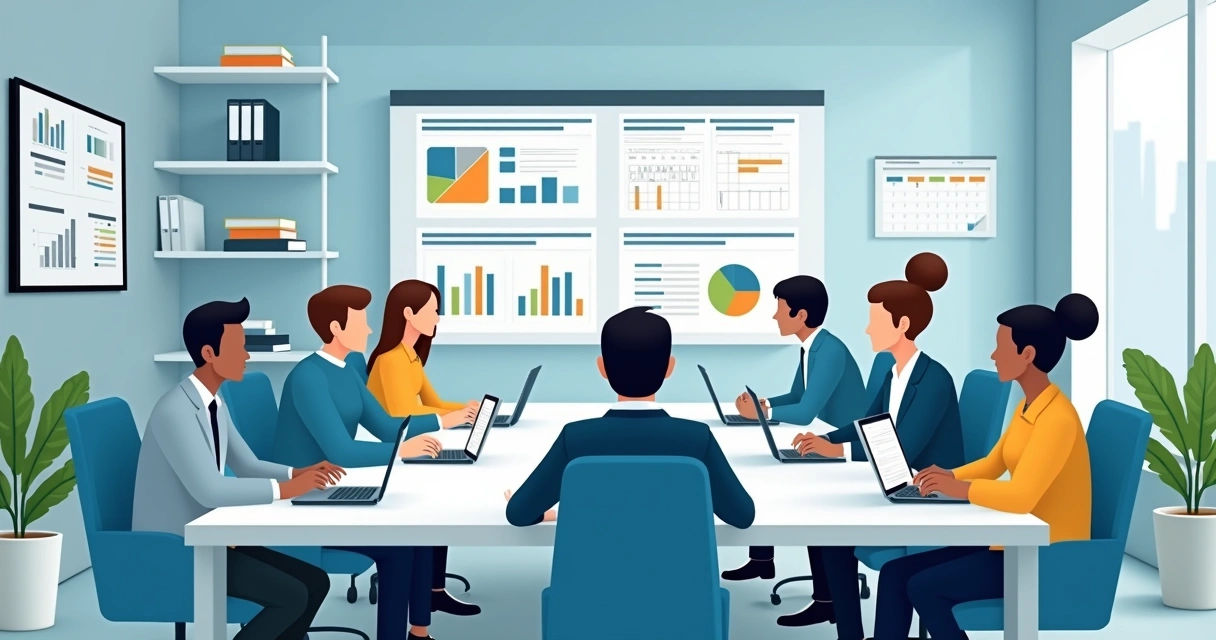 Ilustração corporativa plana de equipe organizando tarefas em gabinete com gráficos, documentos e comunicação digital