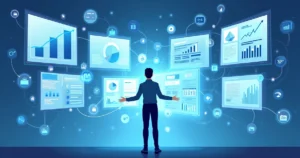 Ilustração corporativa mostrando gestor público em frente a telas digitais com dados e gráficos