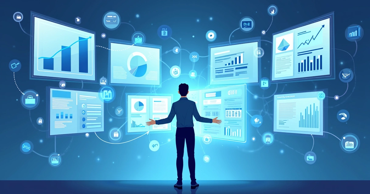 Ilustração corporativa mostrando gestor público em frente a telas digitais com dados e gráficos