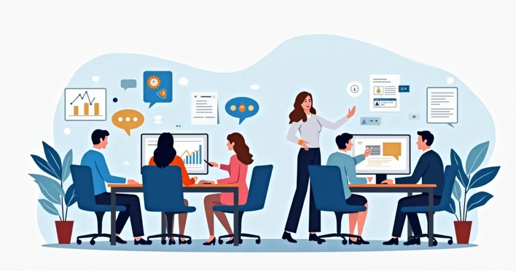 Ilustração corporativa plana mostrando equipe de assessoria de comunicação parlamentar em escritório moderno com computadores e gráficos de desempenho