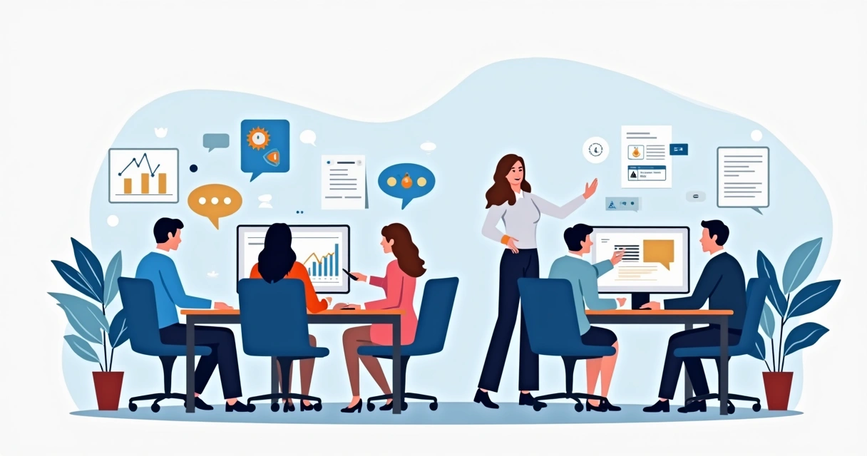 Ilustração corporativa plana mostrando equipe de assessoria de comunicação parlamentar em escritório moderno com computadores e gráficos de desempenho