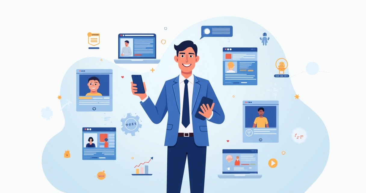 Ilustração corporativa de político usando redes sociais com gráficos e ícones de engajamento ao redor