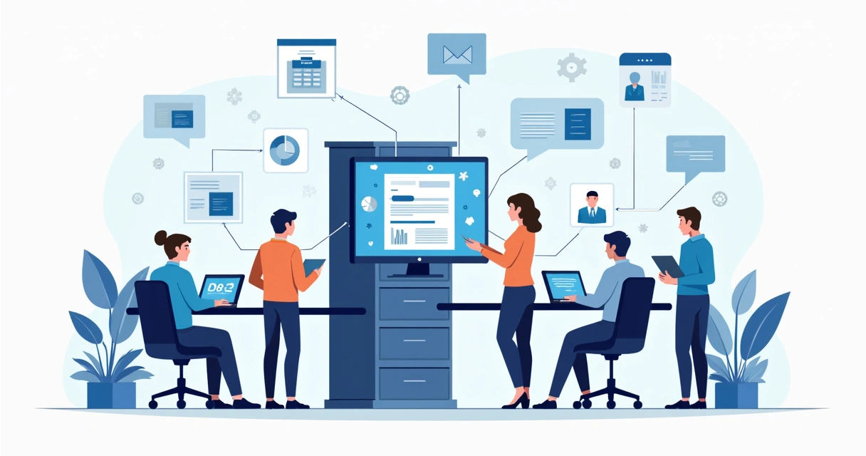 Ilustração corporativa plana de um gabinete digital centralizando pessoas, dispositivos e ícones de comunicação