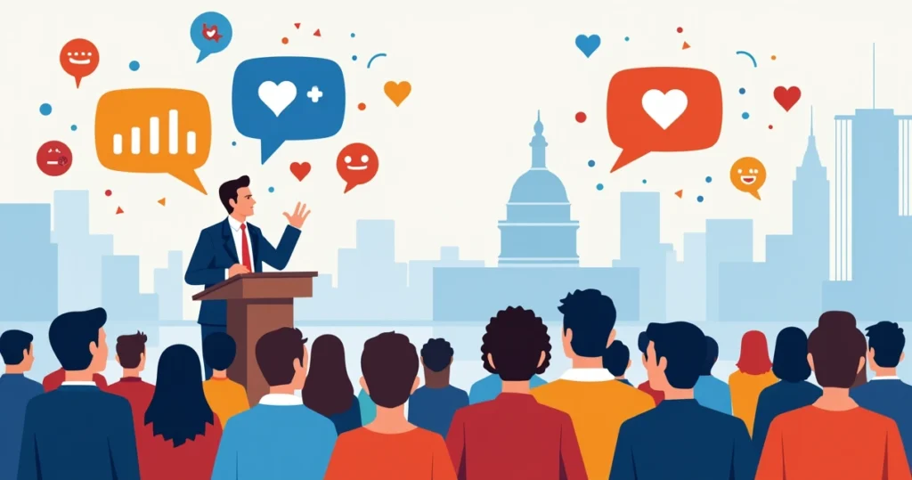 Ilustração corporativa com político falando para cidadãos em um púlpito, rodeado de elementos gráficos que representam dados, emoção e comunicação direta